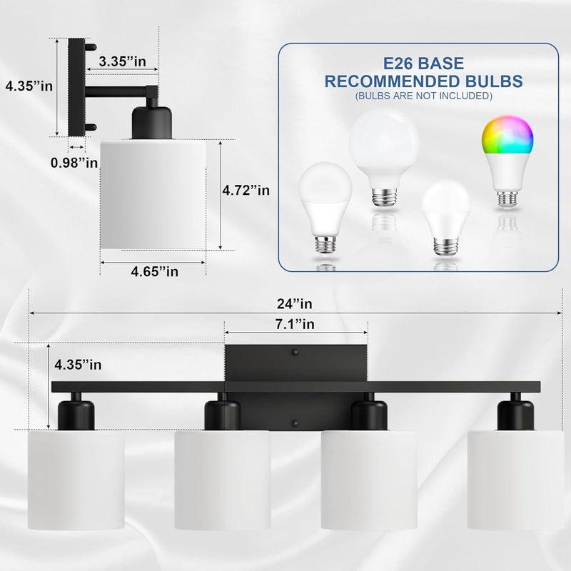 Dekang Black Vanity Lights for Bathroom, Anti-rust 4-Light Bathroom Light Fixtures Over Mirror, Modern 24Inches Wall Sconces, Eye-caring Milky White Glass Shades, Standard E26 Base, Bulbs Not Included - Image 2
